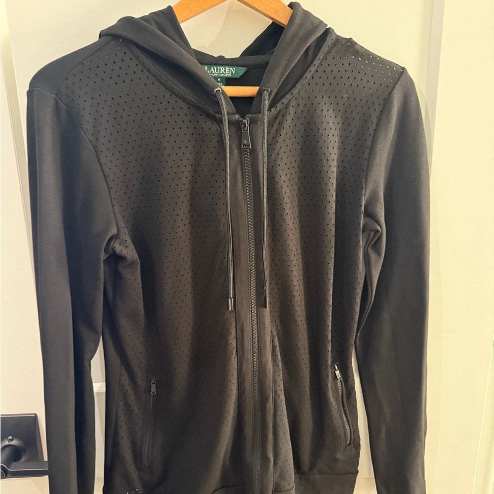 LAUREN Ralph Lauren Hooded Jacket Sweatshirt Black stretch Mesh Full Zip Size S